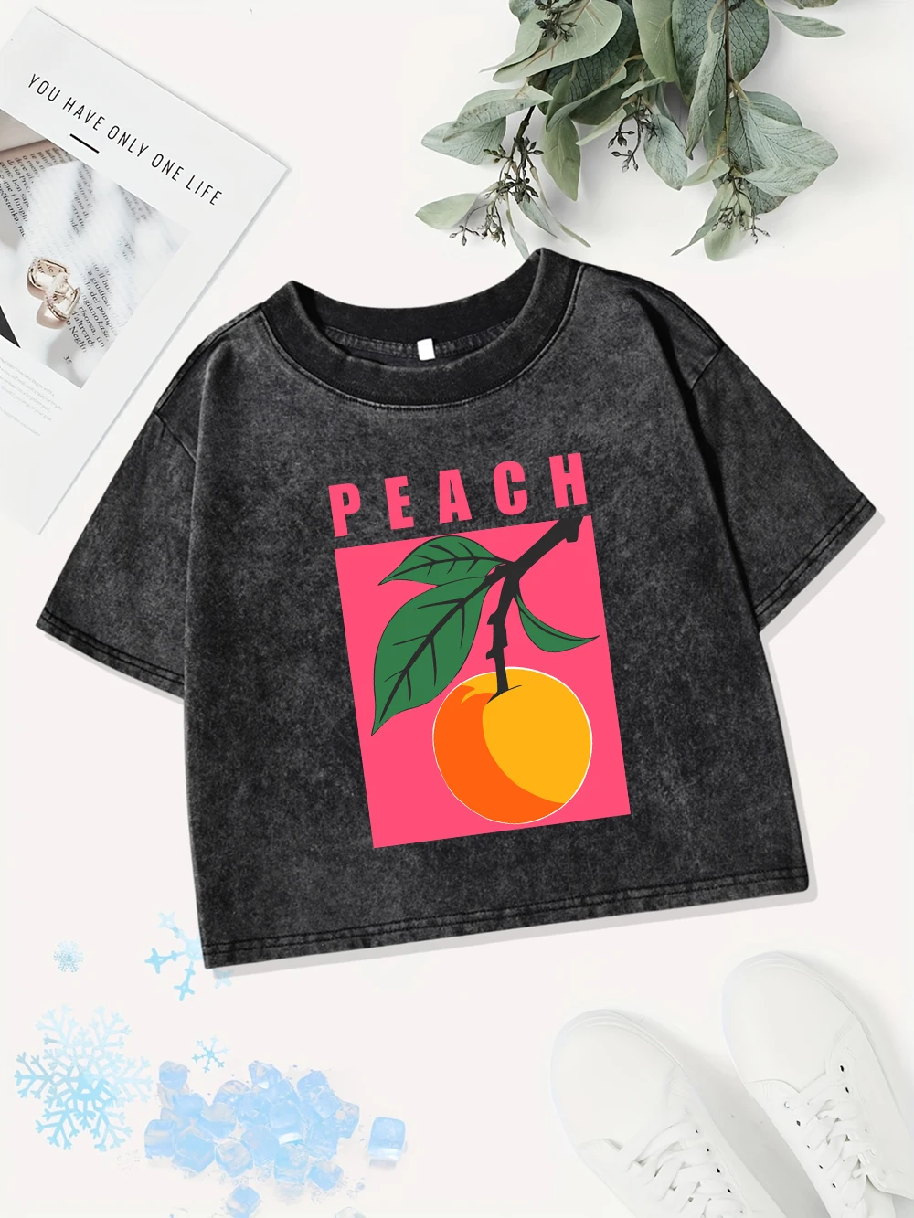 

Summer Cotton Crop Tops Womens Fresh Fruit Peach Prints Washed T-Shirts Casual O-Neck Regular Fit Streetwear Y2K Womans Clothes