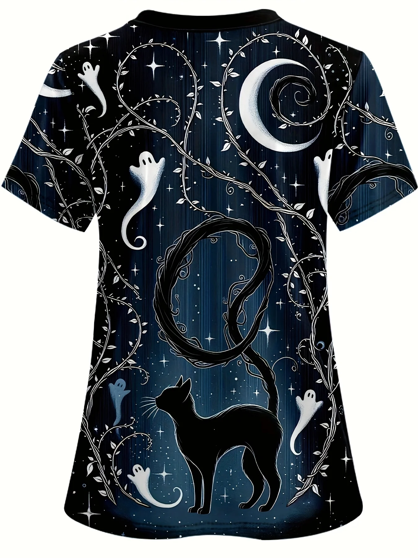 2025 할로윈 고양이 & 달 프린트 V넥 스크럽 상의, 의사, 간호사, 치과의사, 여성 직장인을 위한 편안한 케어 유니폼