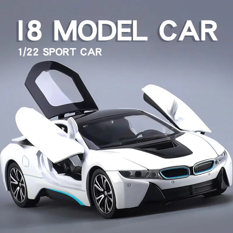 1:22 Diecast BMW I8 Sports Car Alloy Model Car Vehicle Collection Simulation Sound & Light Toys Car Children Birthday Day Gifts