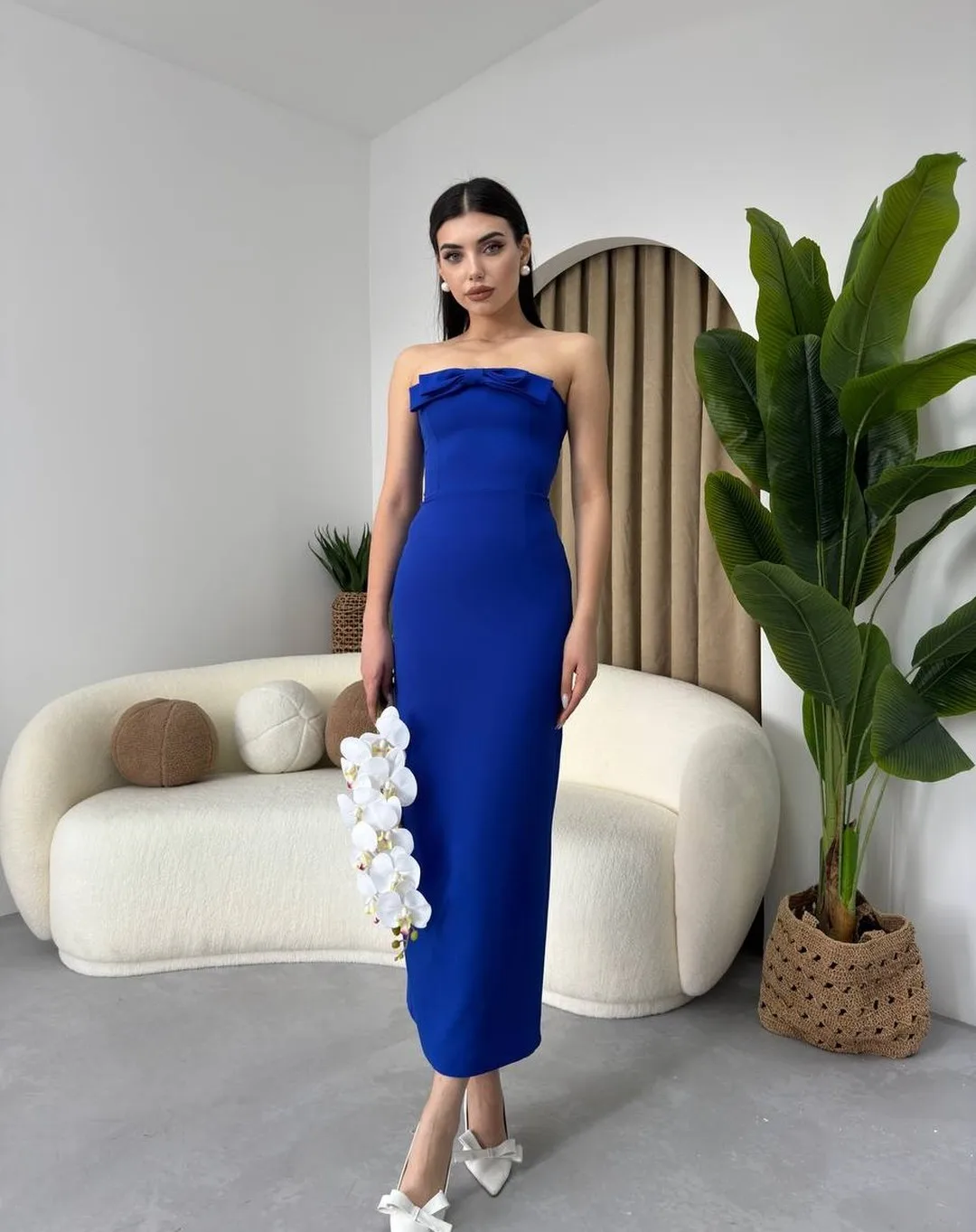 

Customized Graceful Jersey Straight 3D Bow Evening Dress High Quality Ankle Length Sleeveless vestidos para mujer Custom Size