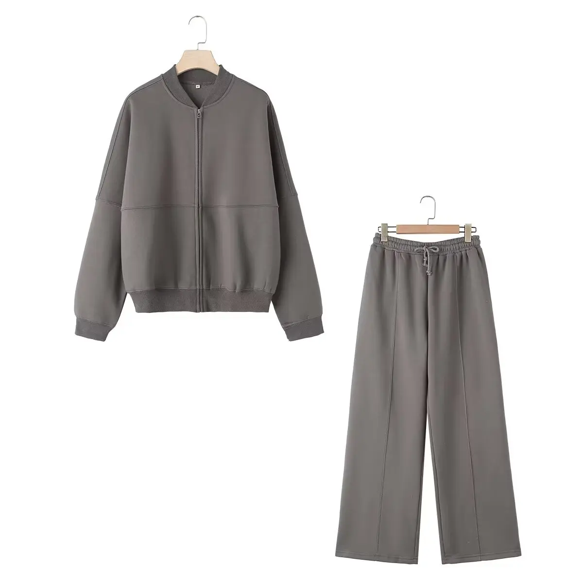 NONE HH Damen Herbst 2-teilig Retro einfarbig Reißverschluss Bomberjacke Sweatshirt + hohe Taille Schnürung Damen Hose mit weitem Bein Street Wear 9