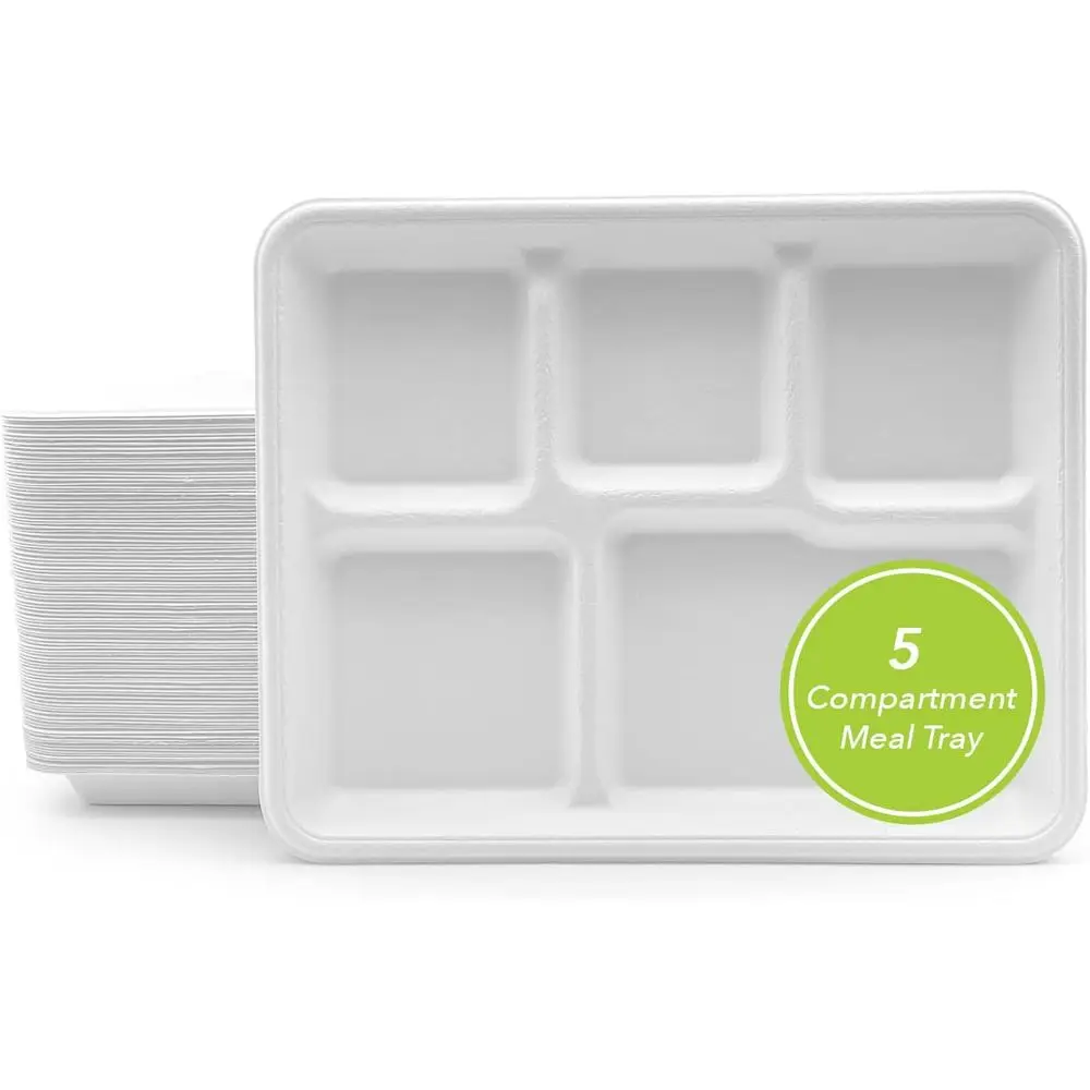 

5 COMPARENT BAGASSE (SCHOOL) TRAY 500 Ct. Heavy-Duty- Super Strong- Natural- Eco-riendly Disposable Bagasse Plates, 100% Biodegr
