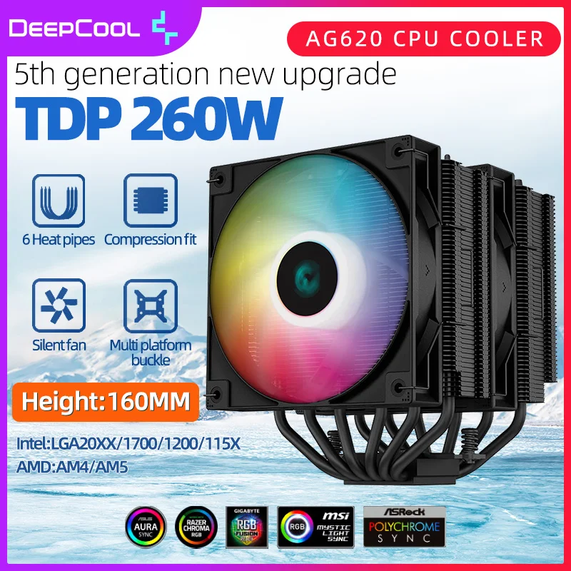 

Кулер воздушный DeepCool AG620 для процессора, 6 тепловых трубок, 120 мм, ШИМ-радиатор, тихий двойной вентилятор для LGA1700 115X 1200 AM4 AM5