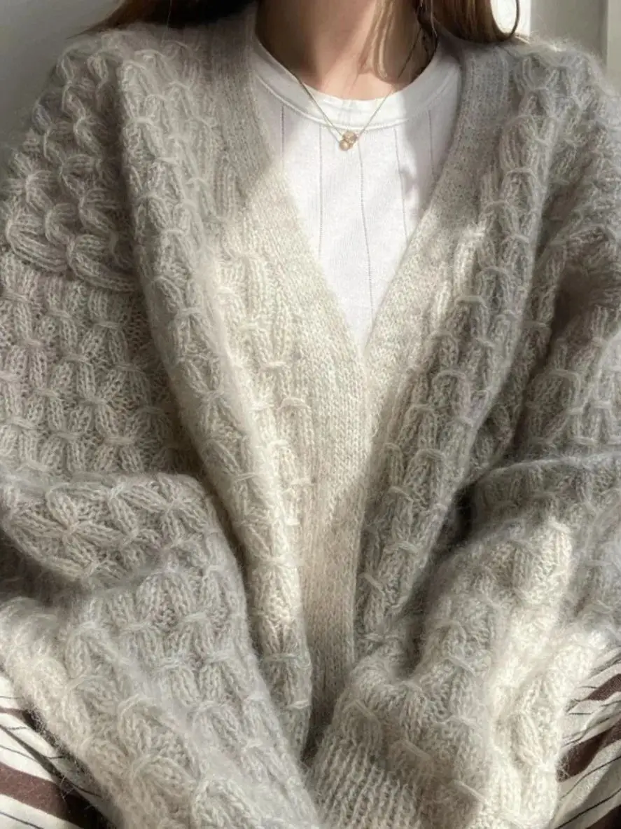 2024 Spring Fashion New Product Light Gray Long sleeved Cardigan Mohair Sweater Hollow Knitted Women\'s Handmade Knitted Coat