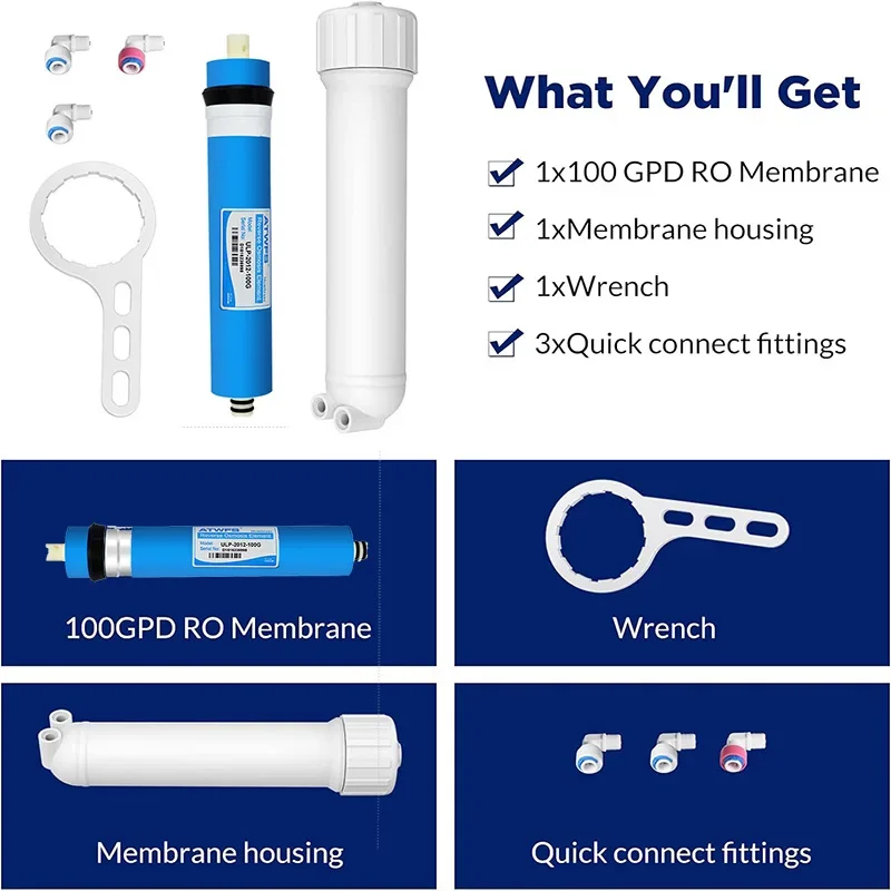 100 GPD RO Membrane, with Housing, Replacement for Drinking RO Water Filter, Wrench,1/4