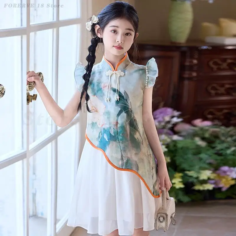 

Детское платье Ципао в новом китайском стиле для девочек, летнее платье Ханфу с короткими рукавами и цветочным принтом, Cheongsam, детская восточная одежда в стиле ретро