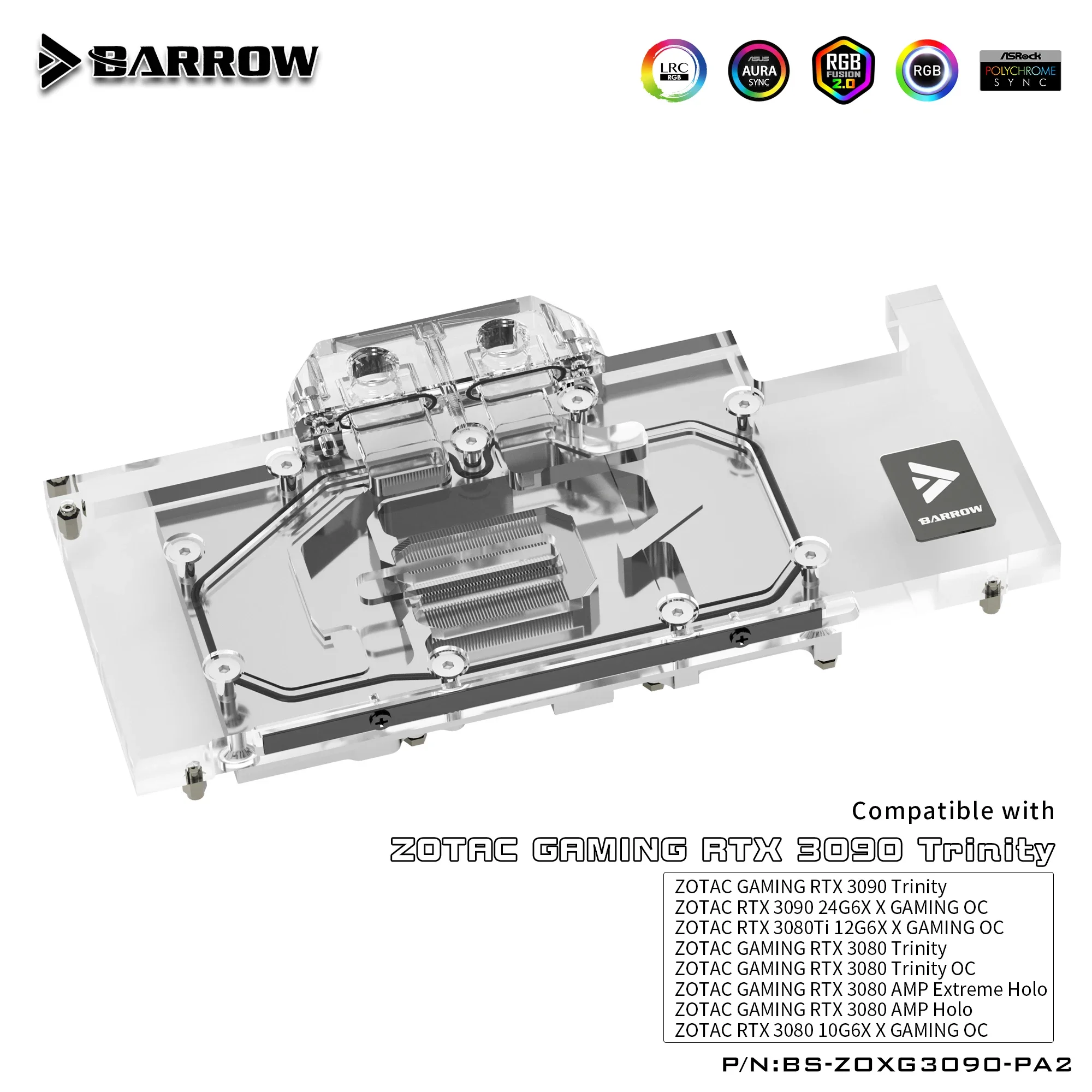 Imagem -02 - Barrow Gpu Water Block para Jogos Zotac Argb 5v Placa-mãe 3pin Aura Sync Bs-zoxg3090-pa2 Rtx 3090 3080 ti