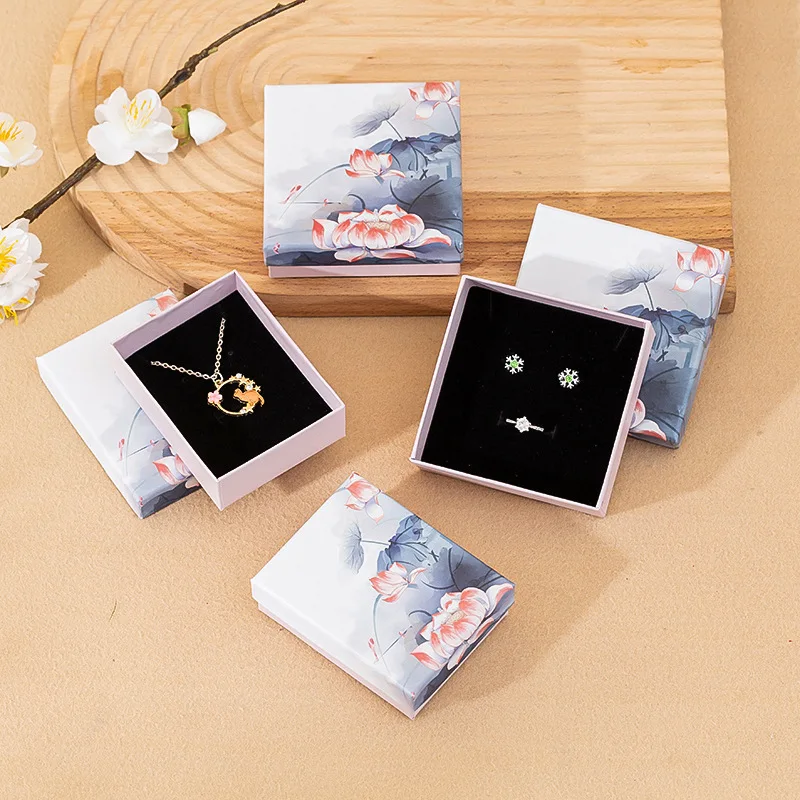 12pcs Chinoiserie Lotus Gift Box Jewelry Necklace Earrings Display For Wedding Valentine's Day Favors Packaging Case