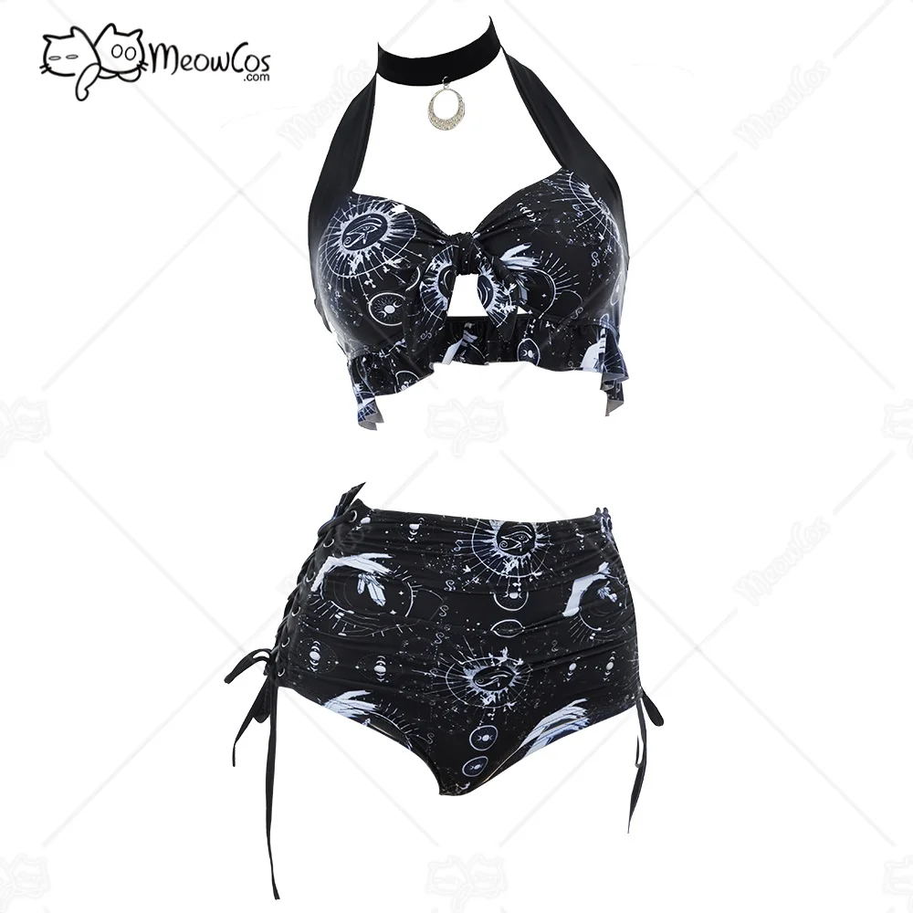 

Meowcos Women Gothic Black Star and Moon Printed Bikini Set Swimsuit Witch Style Halter Top Panty Two-Piece Bathing Suit