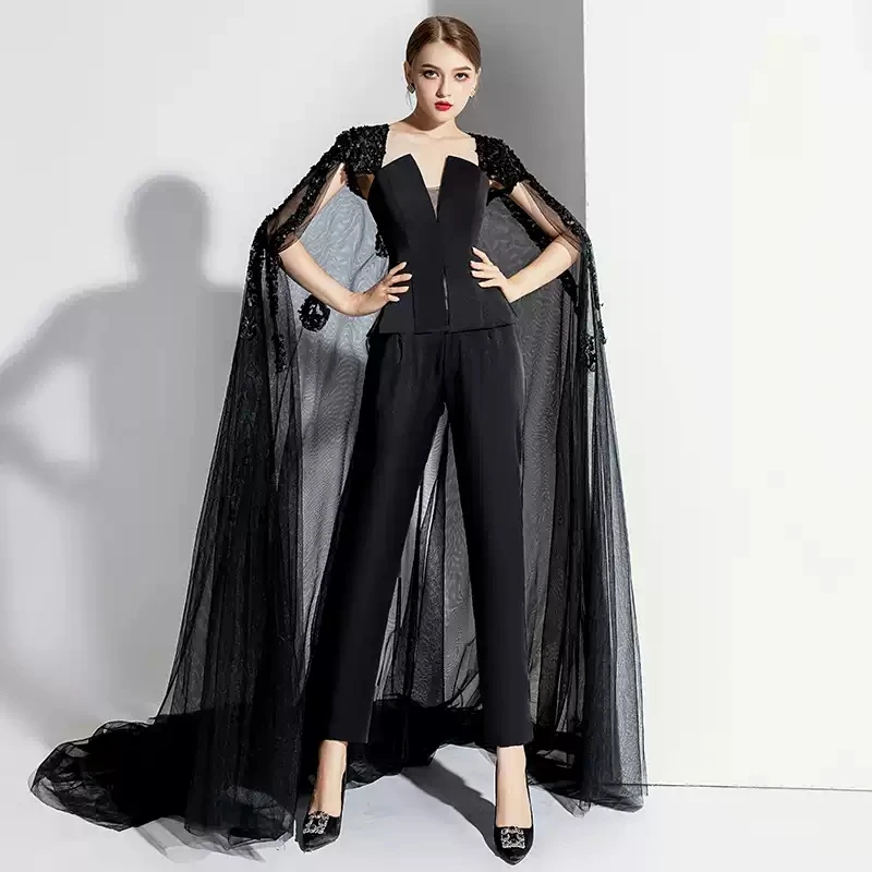 High Quality Black Prom Dress 2026 Cap Sleeve O-Neck Jumpsuit Formal Dress Evening Pageant Gown Robe De Soriee
