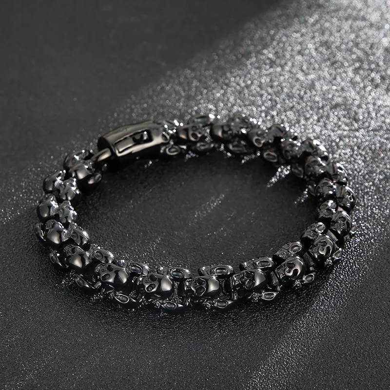 Fongten-Bracelets à breloques tête de mort pour homme, acier inoxydable, bracelet Steleton JOMens, bracelet jonc, bijoux gothiques, 12mm, 15mm