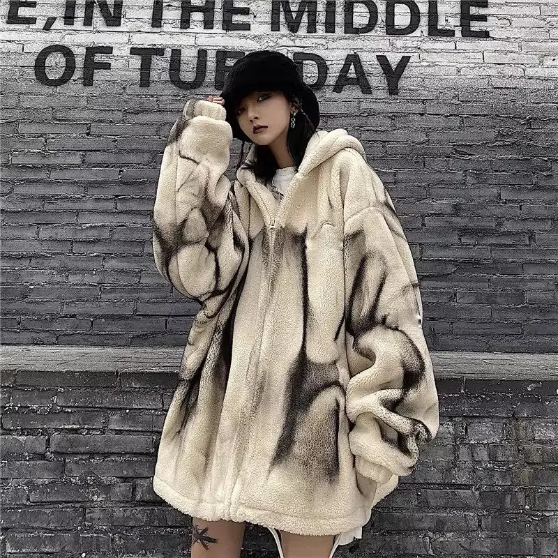 

2023 Streetwear Tie Dyed Thickened Cotton Jacket For Men And Women In Winter Retro Loose Hooded Plush Thickened Warm Coat Z4624