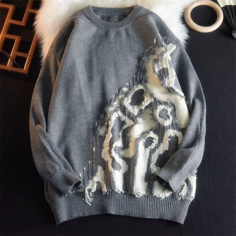 

Y2K American Man Loose Vintage Sweaters Spliced Autumn Winter Stylish Frayed Hole Knitwear Men Sweater O-Neck Knitted Pullover