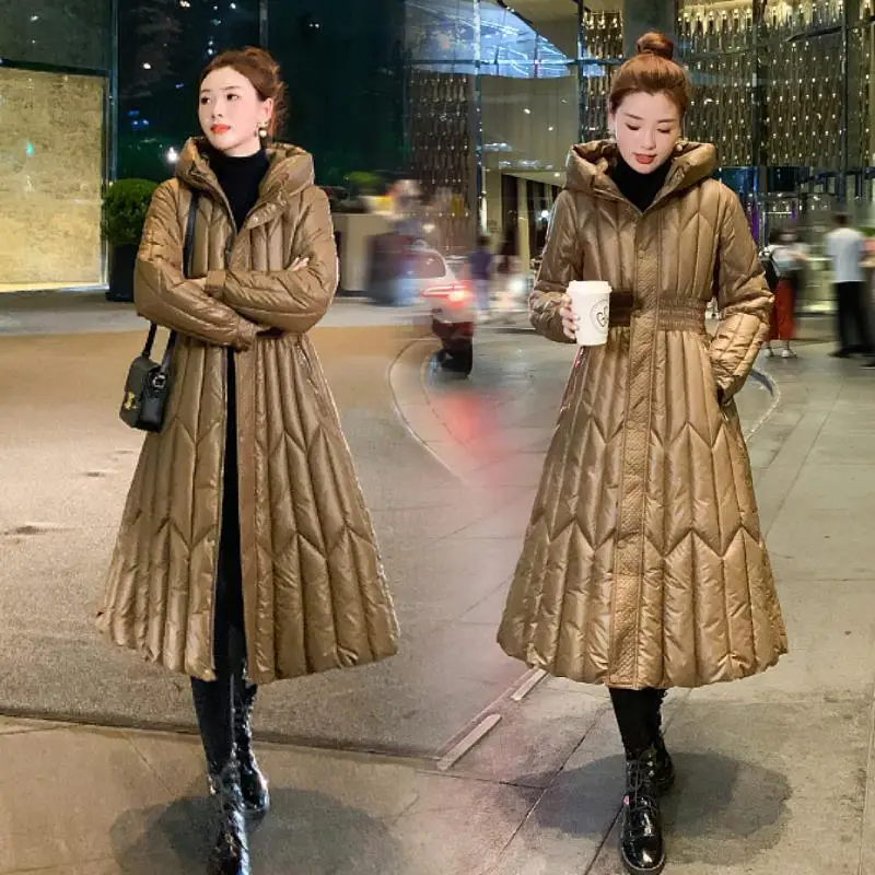 Chaqueta acolchada de algodón para mujer, parka con capucha, cintura elástica, por encima de la rodilla, ropa de invierno