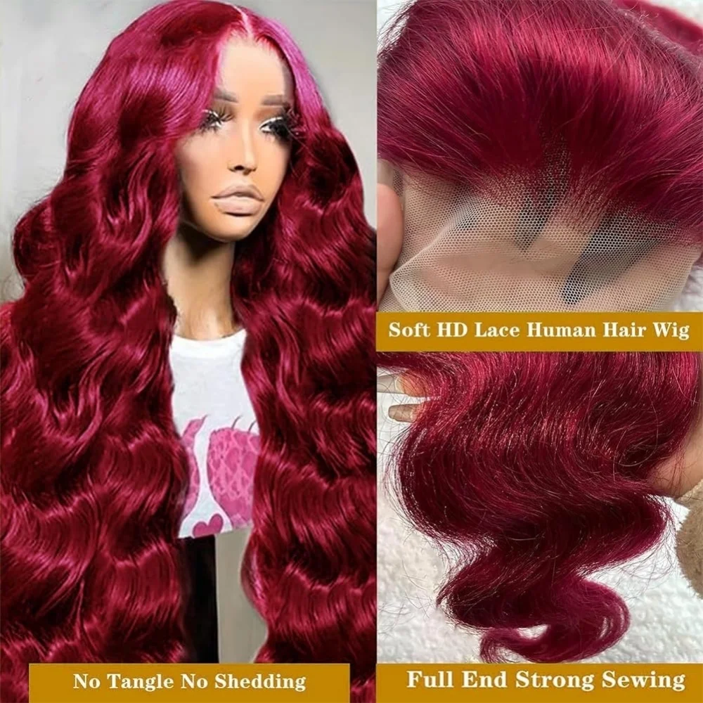 Wig Depan Renda Gelombang Tubuh 13 × 4 Rambut Manusia Merah Marun dengan Kepadatan 220 Warna Merah Transparan Wig Frontal Renda Pra Pencabutan untuk Wanita 99J