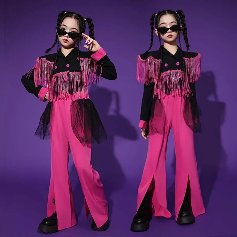 

Cool Girls Jazz Performance Suit Runway Show Outfit Pink Flared Trousers Black Tassel Tops Jacket Kids Hip Hop Stage Wear DL1038