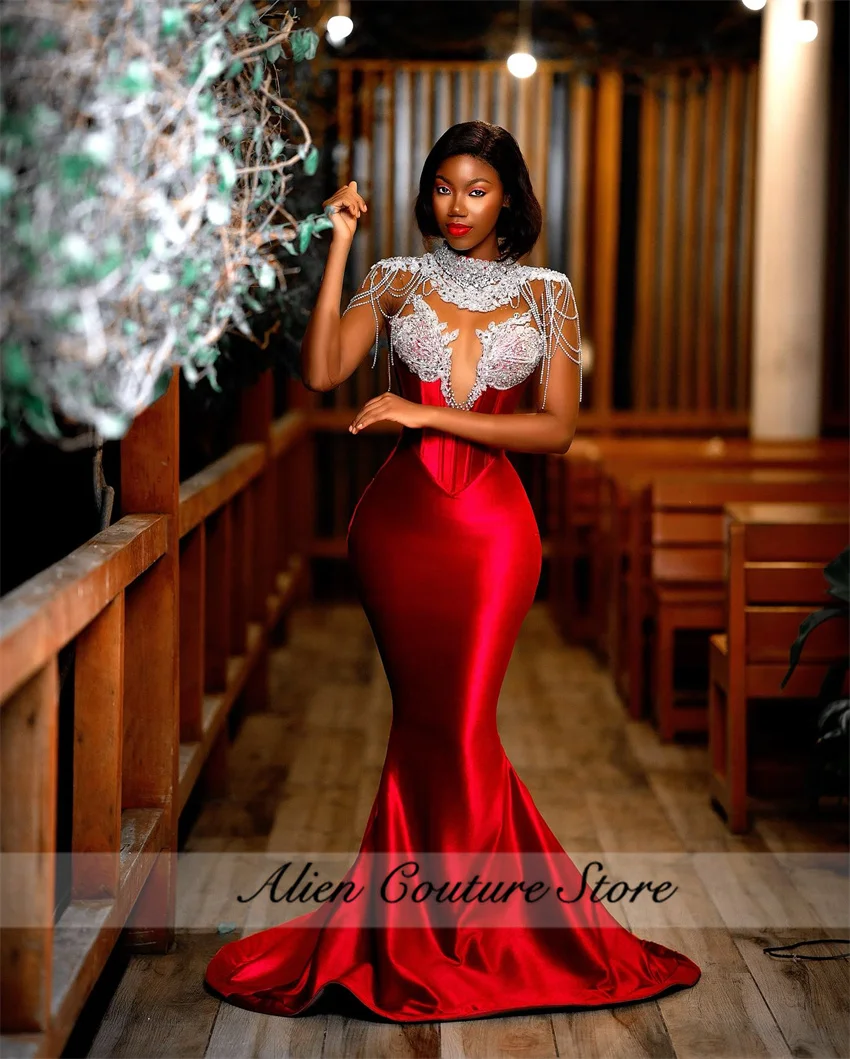Sprankelende rode zeemeermin avondjurken 2024 glitter kraal diamanten kristal rode loper jurk bruiloft feestjurk aangepast