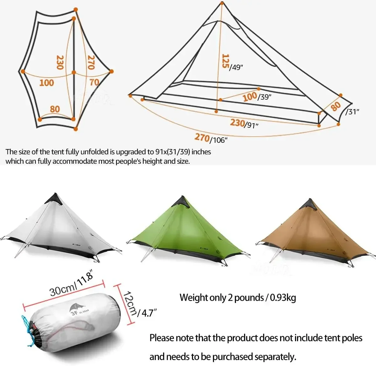 [HODR] 3F UL GEAR Lanshan1 Ultralight 760g Solo Tent Rodless 3/4 Season Tipi Tent Trekking Tents for Outdoor Camping, Hiking