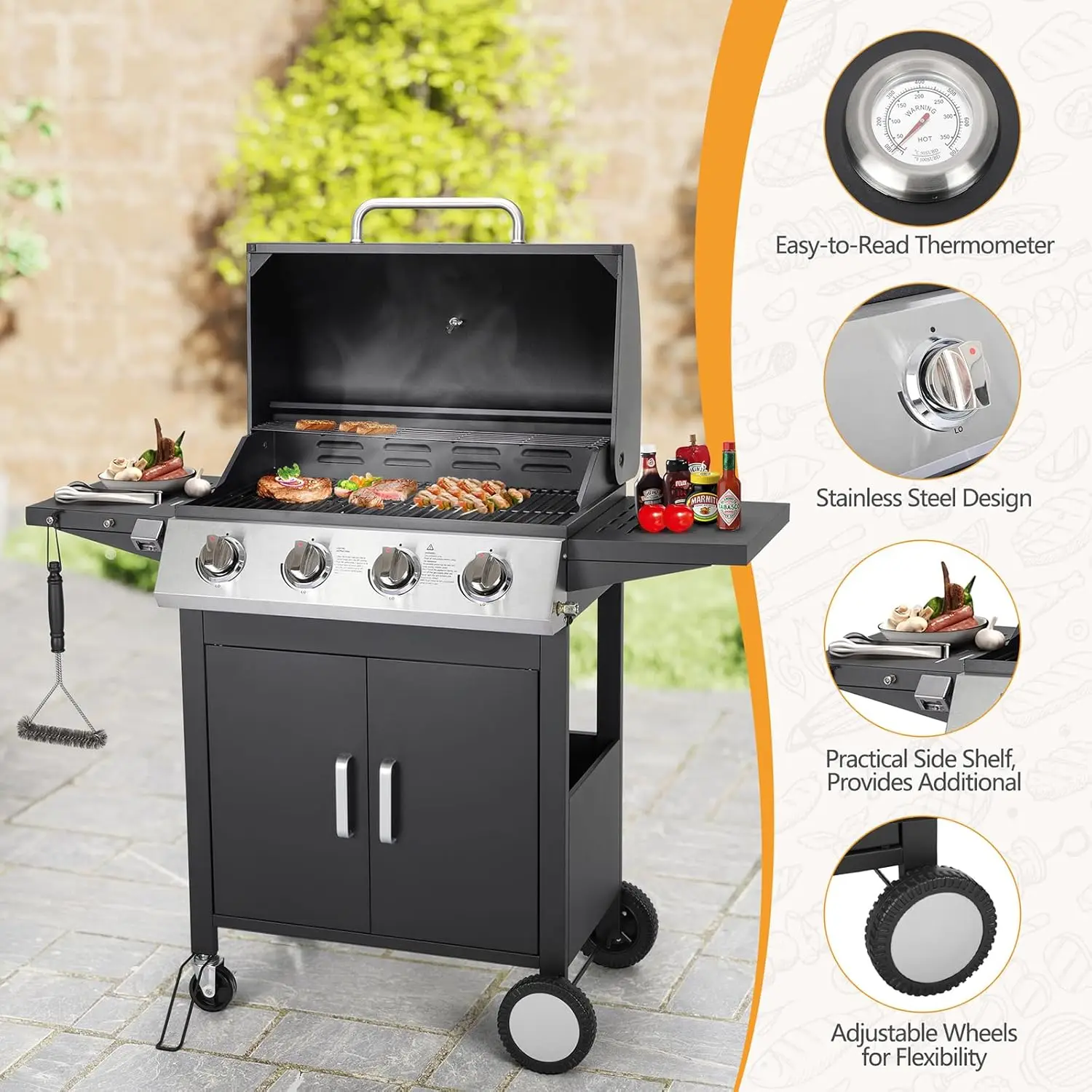 Propane Gas Grill, Stainless Steel 30,000 BTU,Built-in Storage Cabinet and Side Shelves, Suitable for Garden Terraces (4 Burner)