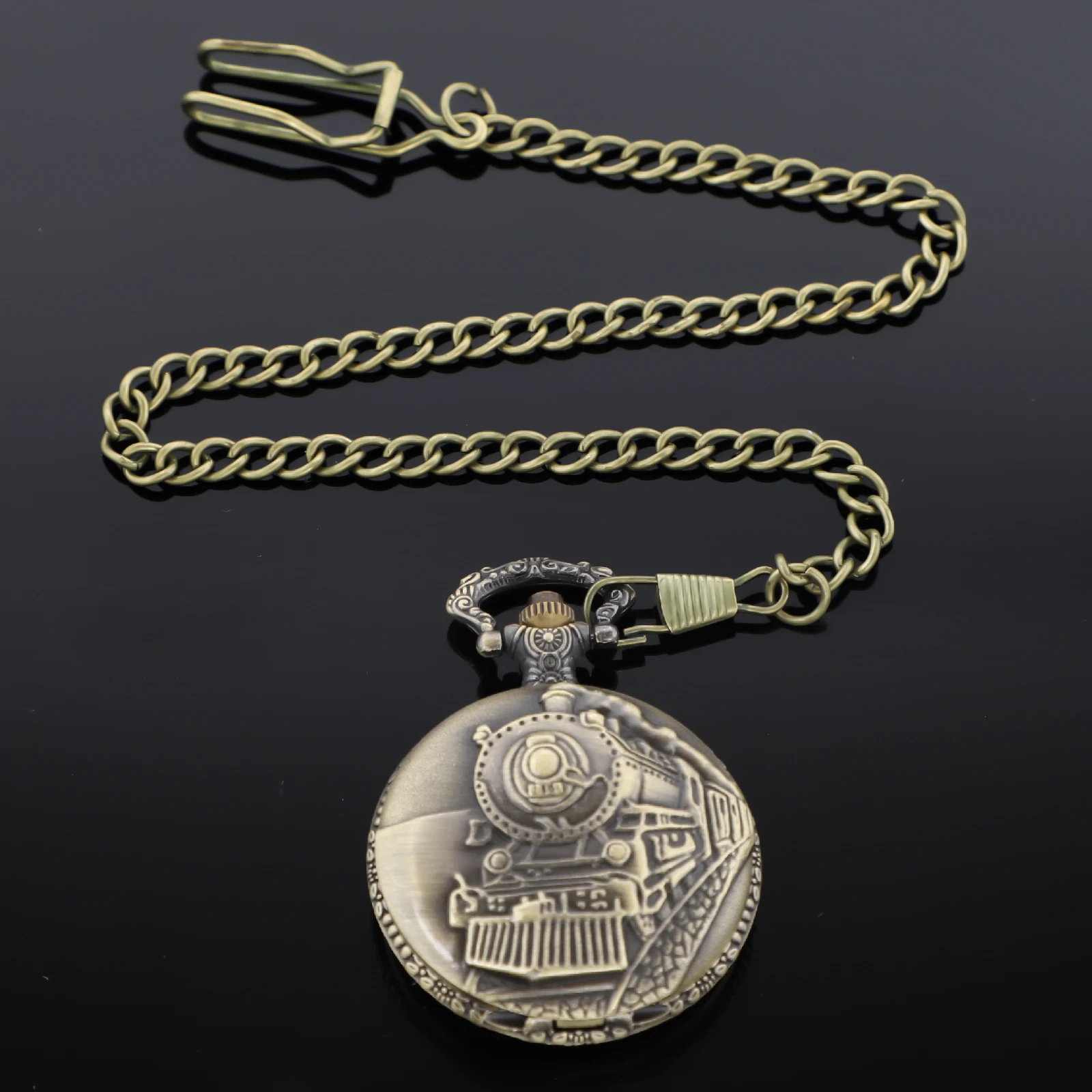 청동 고대 증기 기관차 조각 석영 주머니 시계 빈티지 남성 펜던트 Fob 체인 시계 남자 크리스마스 선물