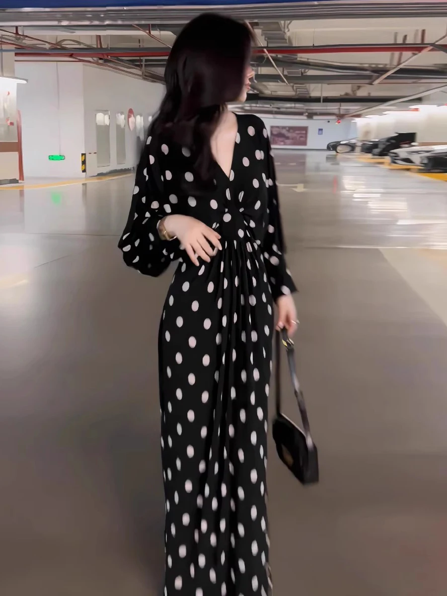 

Ele V-Ne Polka Dot Long Sve Dr Women's Early Autumn New High Waist Hepburn Long Dr Slimming Chic Ladylike