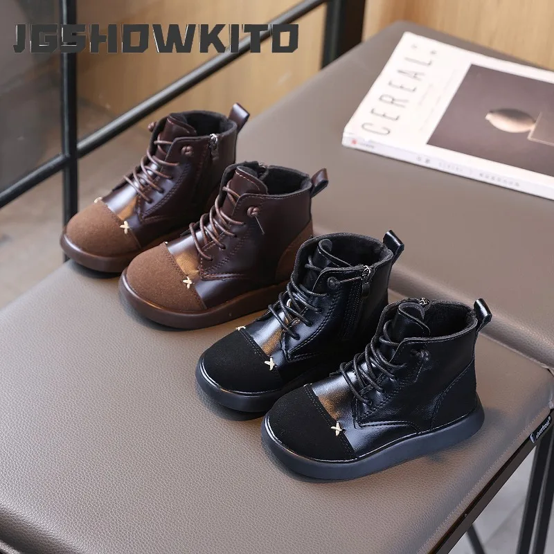 JGSHOWKITO Boys Girls Ankle Boots 2026 Autumn Winter Fashion Classic Kids Short Boots Flat Sole Non-slip Side Zipper Soft Warm