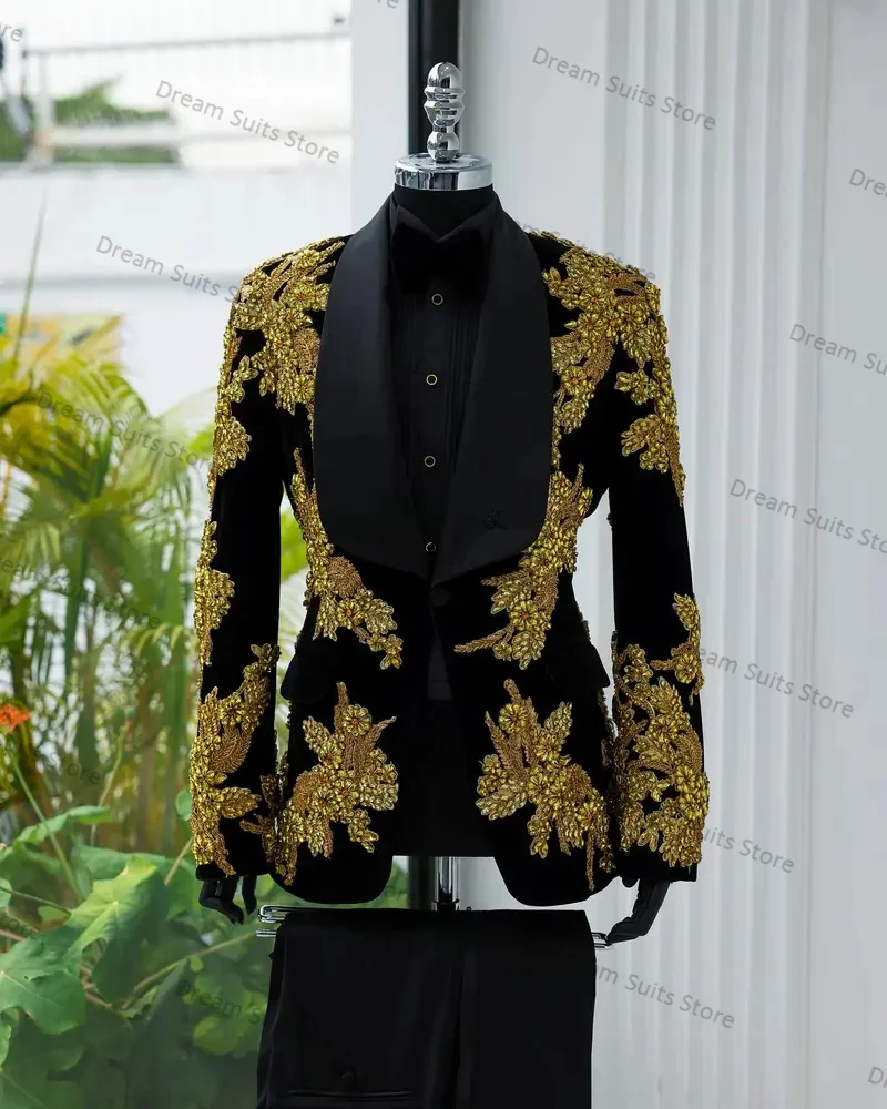 

Black Velvet Crystals Men Suits Set 2 Pieces Blazer+Cotton Pants Custom Made Jacket Groom Tuxedo Office Male Custom Made Coat