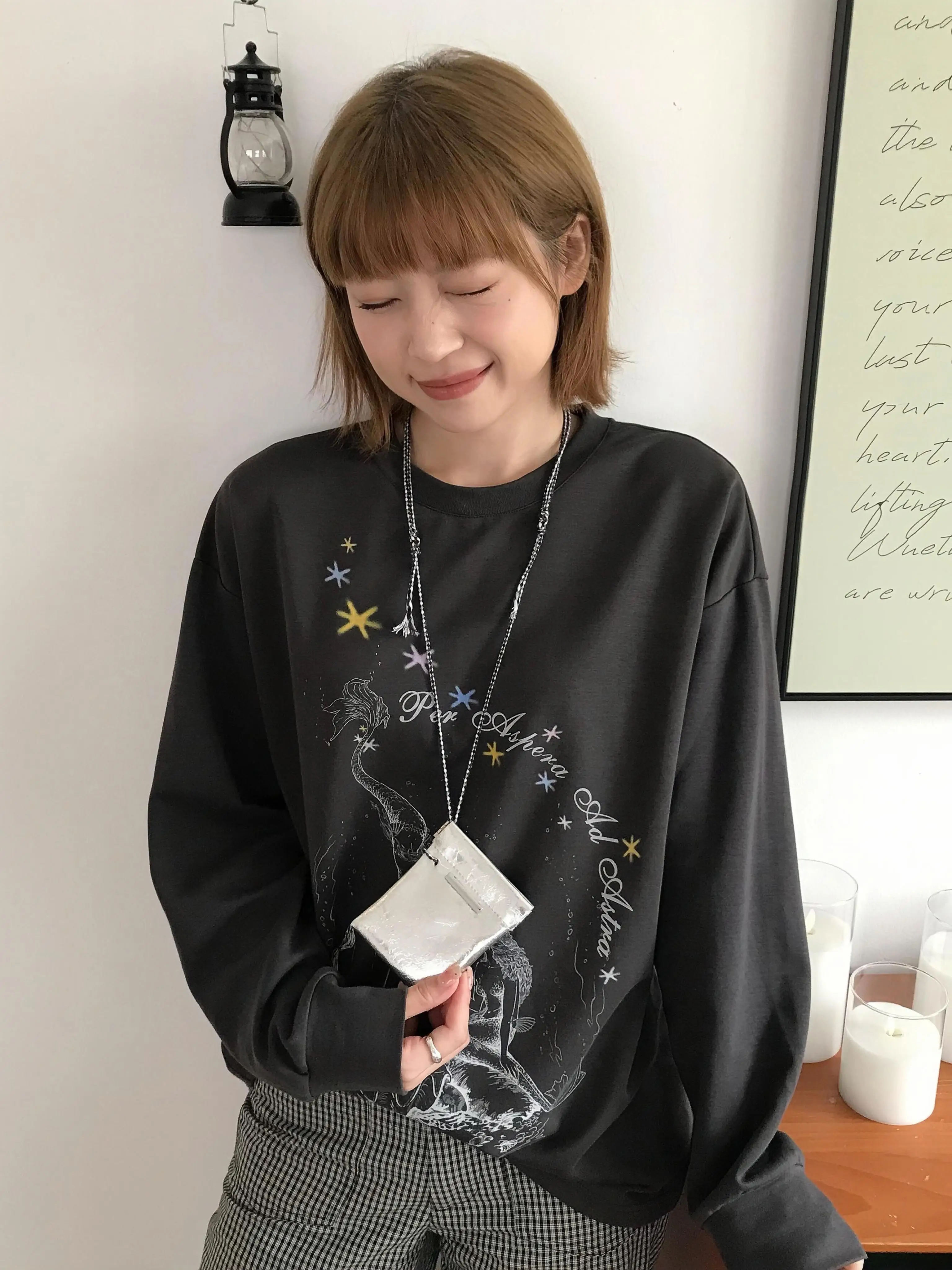 Hand-Drawn Mermaid Print Long Sleeve T-Shirt Sweatshirt Women's Loose Versatile Pure Cotton Casual Top Sakura Model