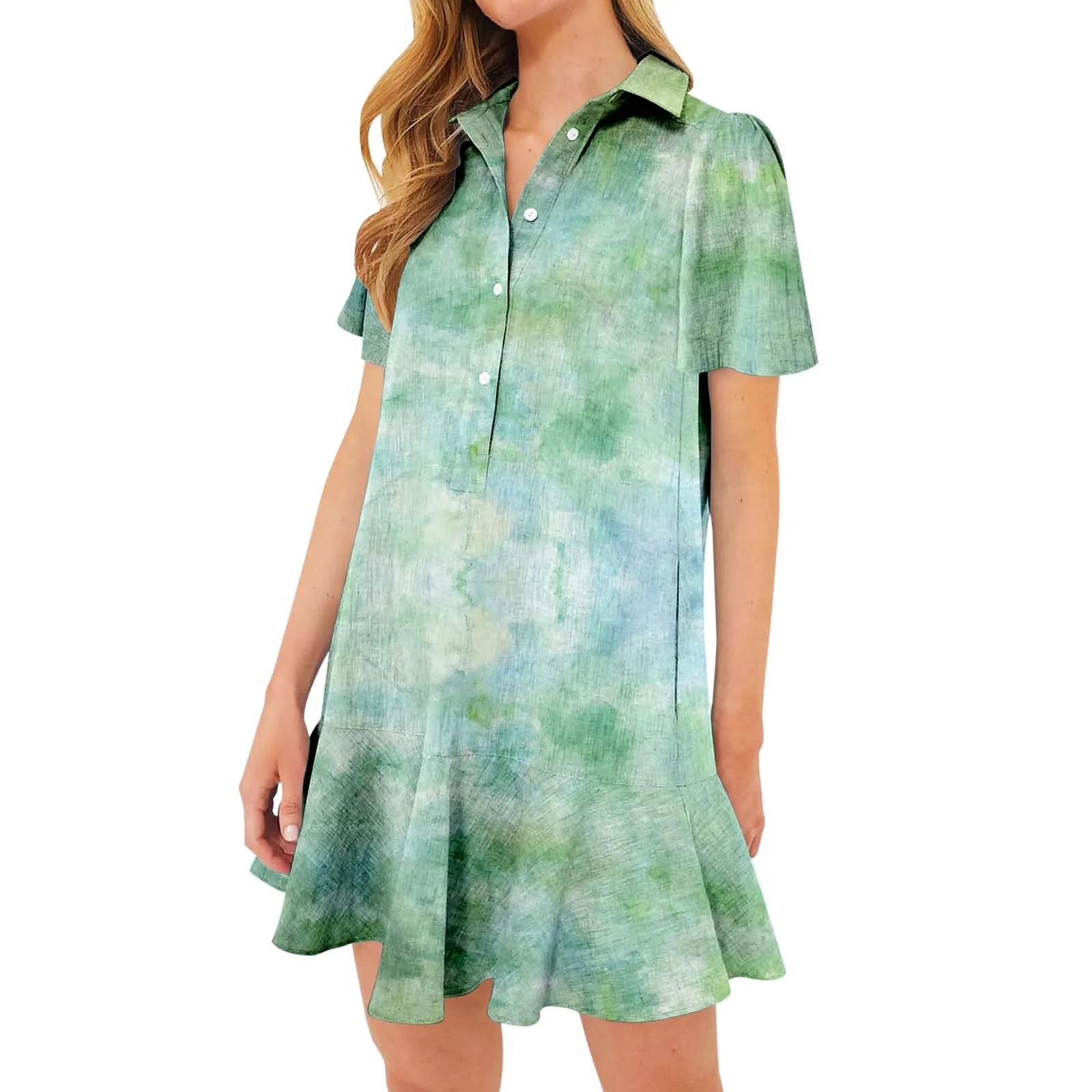 

Women Button Shirt Dress Summer Casual Short Sleeve Cotton And Linen Ruffle Straight Mini Dress T Shirt Dresses Knee Length