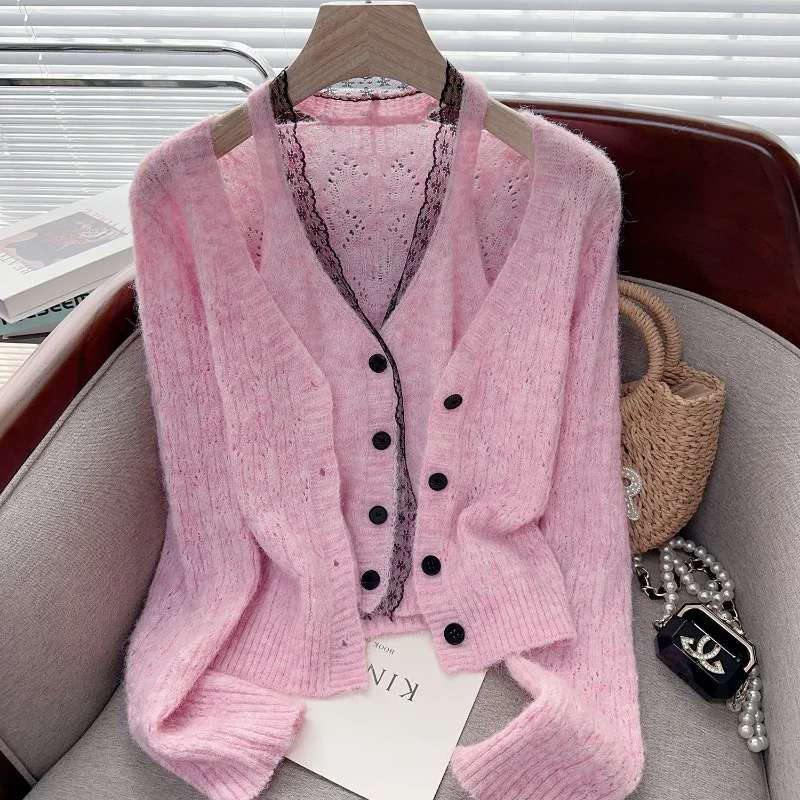 

Кардиган на пуговицах, свитер, искусственный свитер из двух частей, осенне-зимний однотонный кружевной топ с длинными рукавами