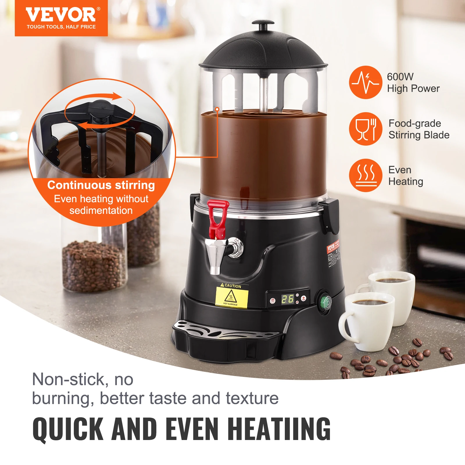 VEVOR Hot Chocolate Dispenser 2.6 Gal / 10 L Hot Chocolate Machine with 86℉-194 ℉ Range High-quality ABS Tank Hot for Hot Drink