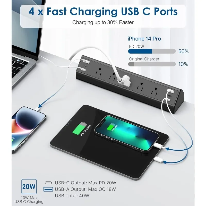 Desk Clamp Power Strip USB C,40W Total Fast Charging Station,4 PD 20W USB C Ports,Desk Edge Mount Power Strip 6 USB Ports