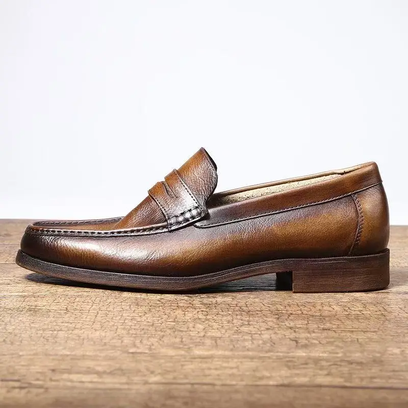 Vintage Genuine Leather Penny Loafers Retro Men's Slip On Casual Dress Shoes Comfortable Soft Footwear for Men's Daily Wear