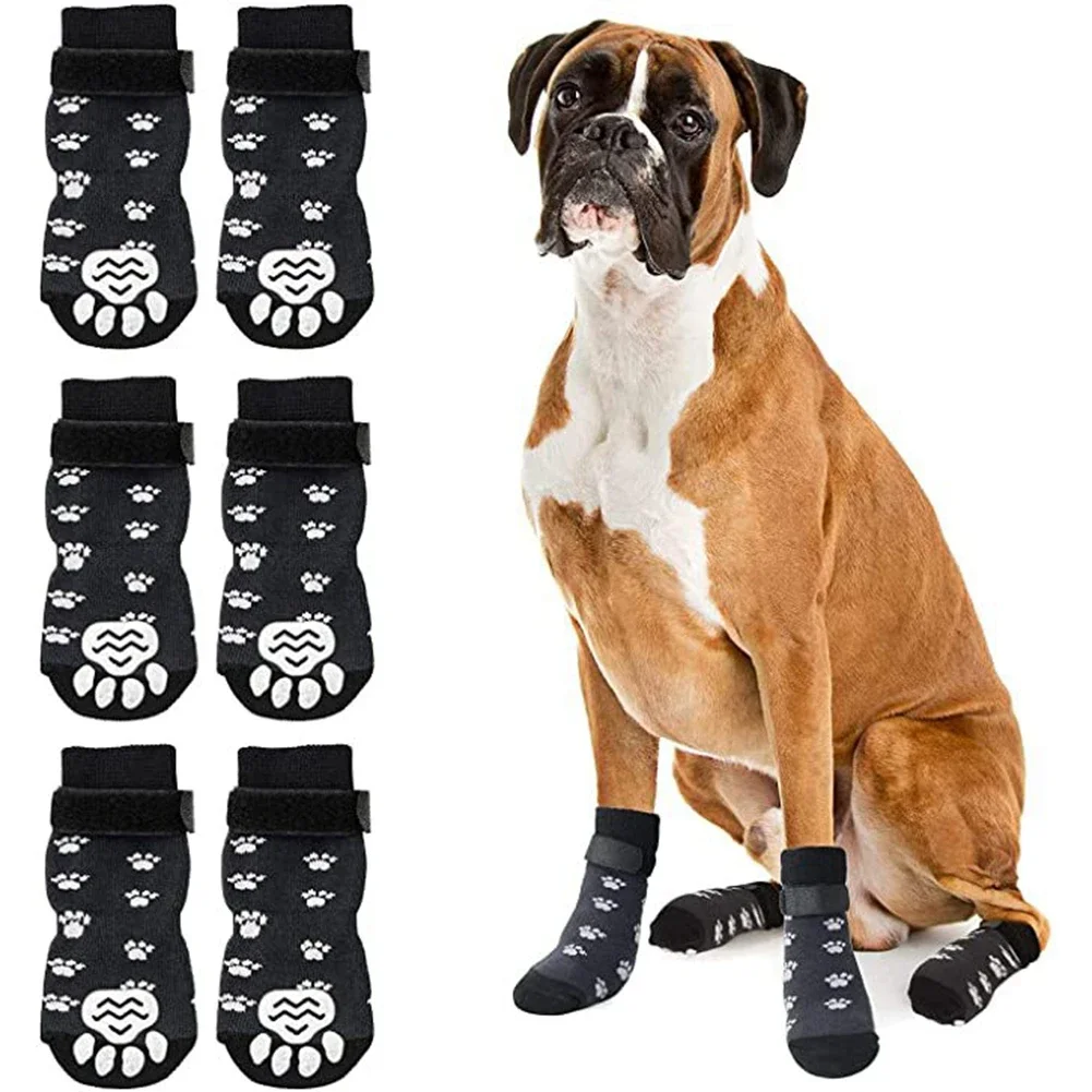 

Anti-Slip Dog Socks 4pcs Paw Protector Traction Control Adjustable Indoor Wear Knitted Pet Socks with Rubber Reinforcement