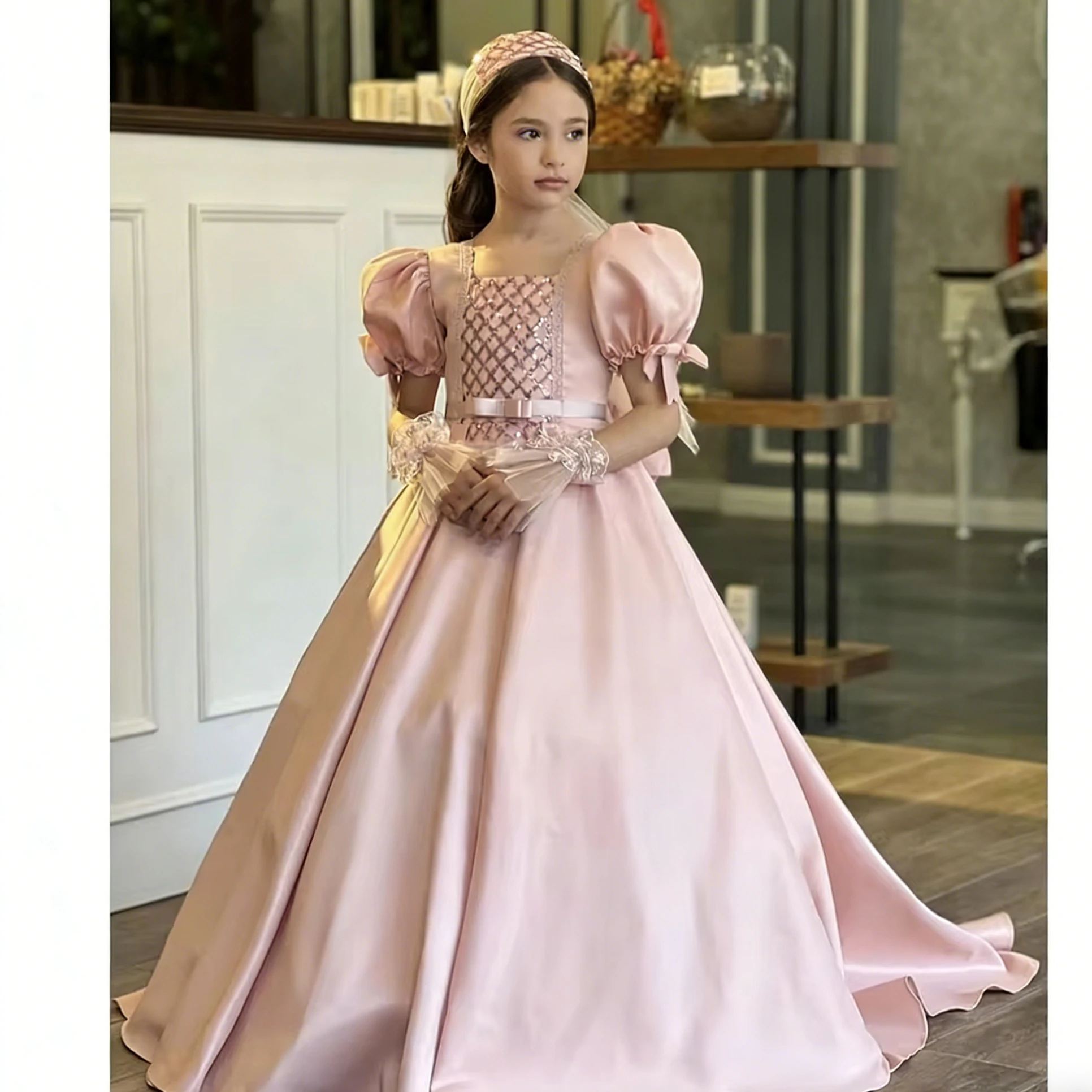 

Customized Flower Girl Dress For Wedding Bow Short Sleeve Floor Length High Waist Elegant Kids Birthday First Communion Gown