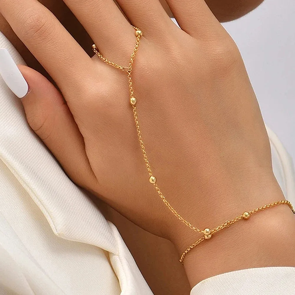 Creative Tassel Tiny Chain Bracelet Finger Rings For Women Gold Color Link Chains Connecting Hand Harness Bracelets Jewelry Gift