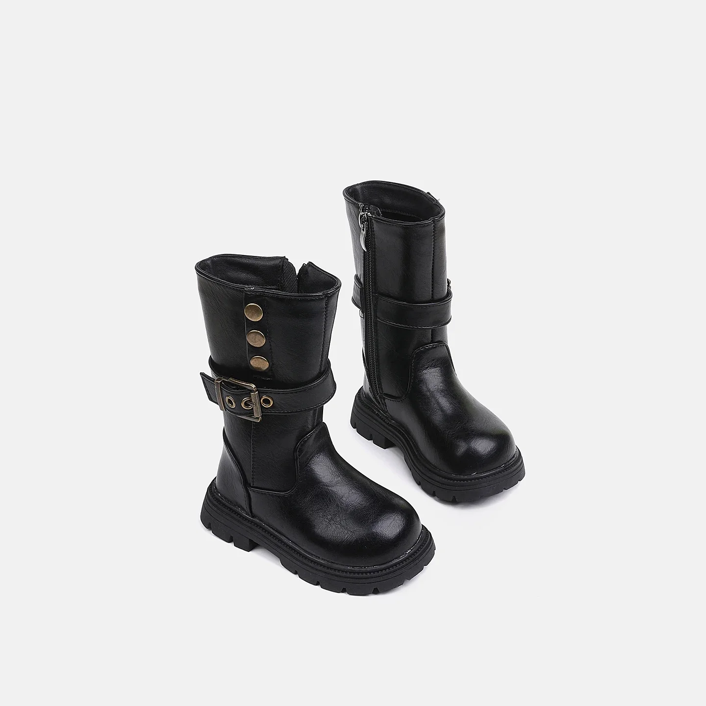 Four-season girls' retro mid-calf boots, with metal clasps and side zippers. Anti-slip outdoor cool and retro motorcycle boots.