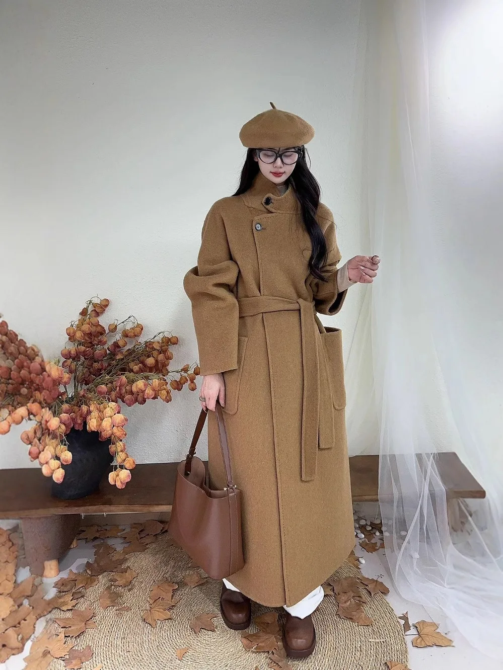 2024 Winter High Neck Women's Grey Thick Wool Coat with Loose Button Long Sleeve Pockets, Elegant Women's Coat