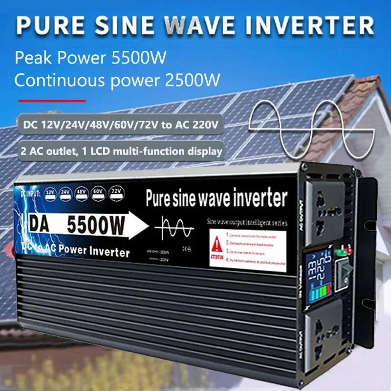 

50HZ 12V/24V/48V/60V/72V To 220V 5500W DC to AC Pure Sine Wave Inverter Voltage Transformer Power Converter Car Solar Inverters