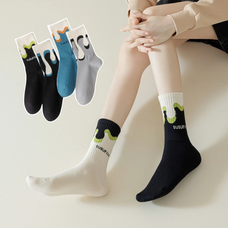 Comb cotton AB socks, flowing cream, animal geometry, medium tube socks, fashionable street socks for men and women couples