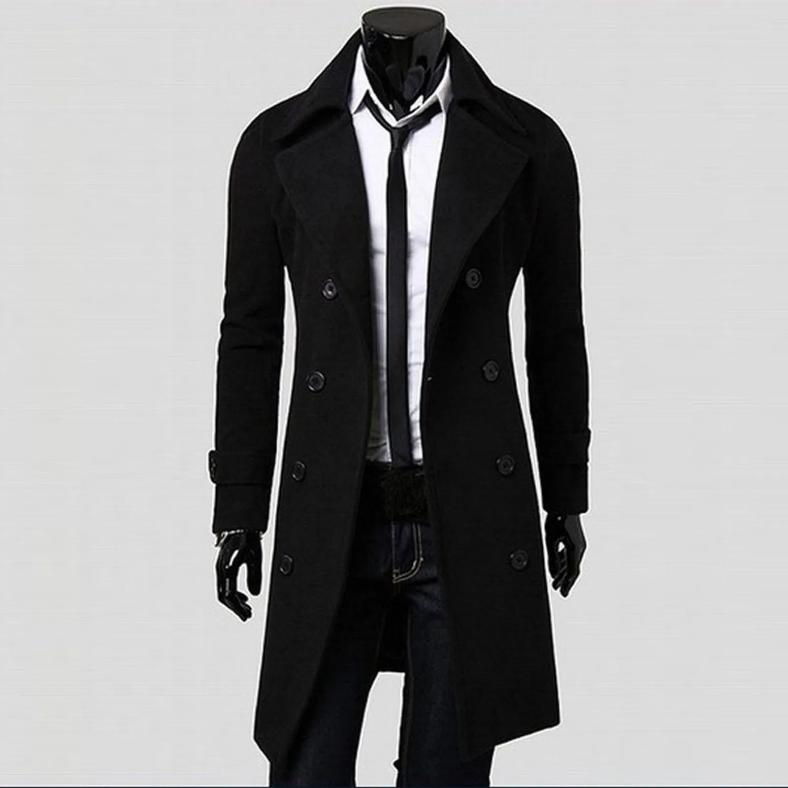 

Men's Trench Coat Solid Color Double Breasted Long Jacket Coats Vintage Buttons Overcoat Winter Thicken Warm Temperament Jackets