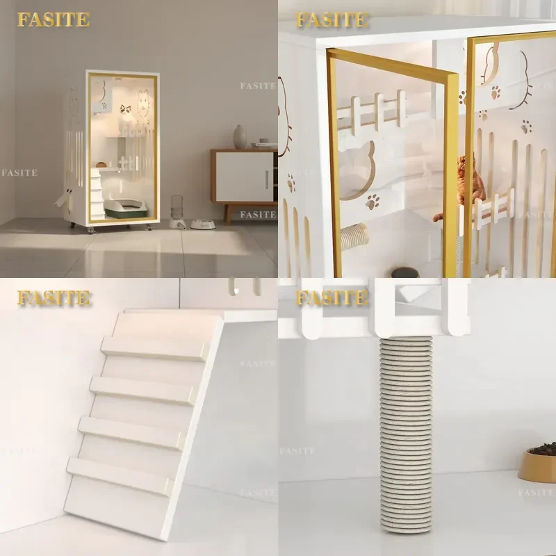 For Cat Three Story Solid Wood Luxury Modern Villa Cabinet Large Capacity Closed Pet House Indoor Display Cage