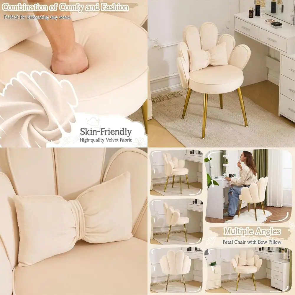 

Бархатное кресло-лепесток бежевого цвета: милый стул для рабочего стола с регулируемыми золотыми ножками и подушкой-бантом для домашнего офиса или спальни