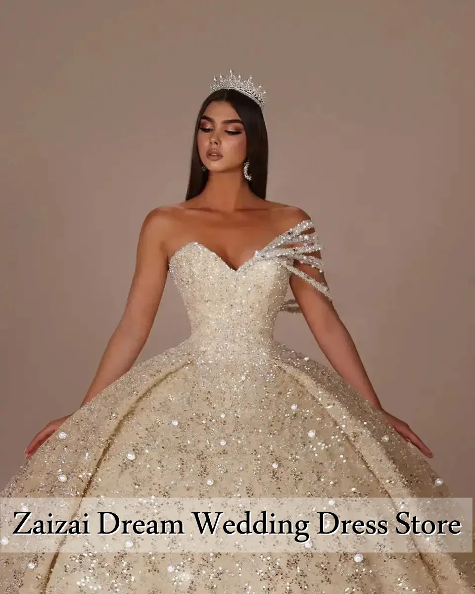 Customized Sweetheart Neck One Shoulde Ball Gown Wedding Dresses Bridal Gown Sequins Beaded Sweep Train Vestidos De Novia