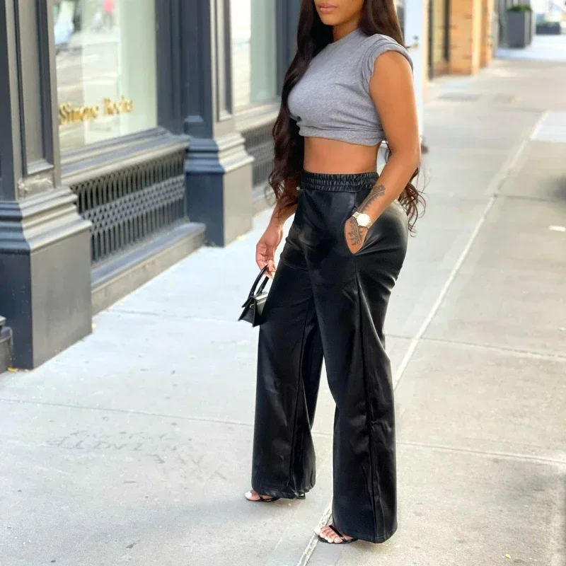 

Women's Solid Color PU Leather Pants Pocket Design Faux Leather Wide Leg Pants