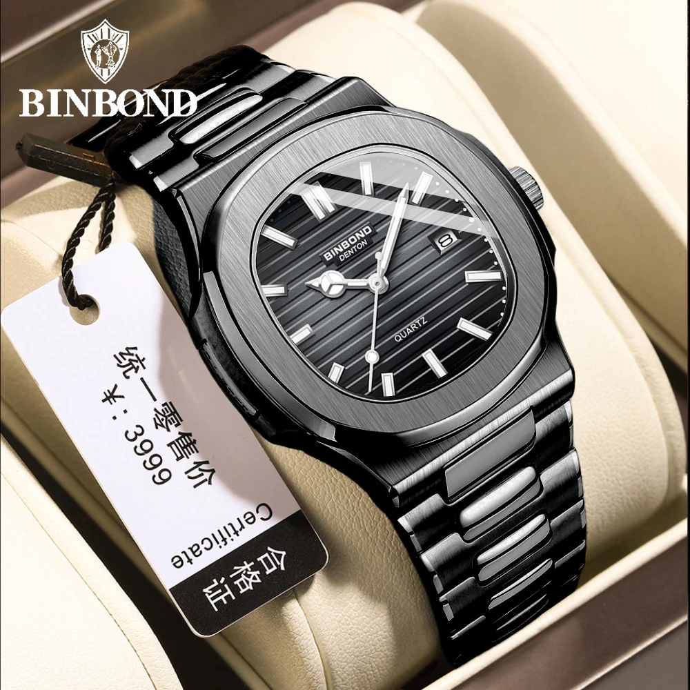 

BINBOND мужские часы классические модные тонкие стальные ремешки оригинальные кварцевые наручные часы для мужчин полосатый циферблат водостойкая светящаяся дата