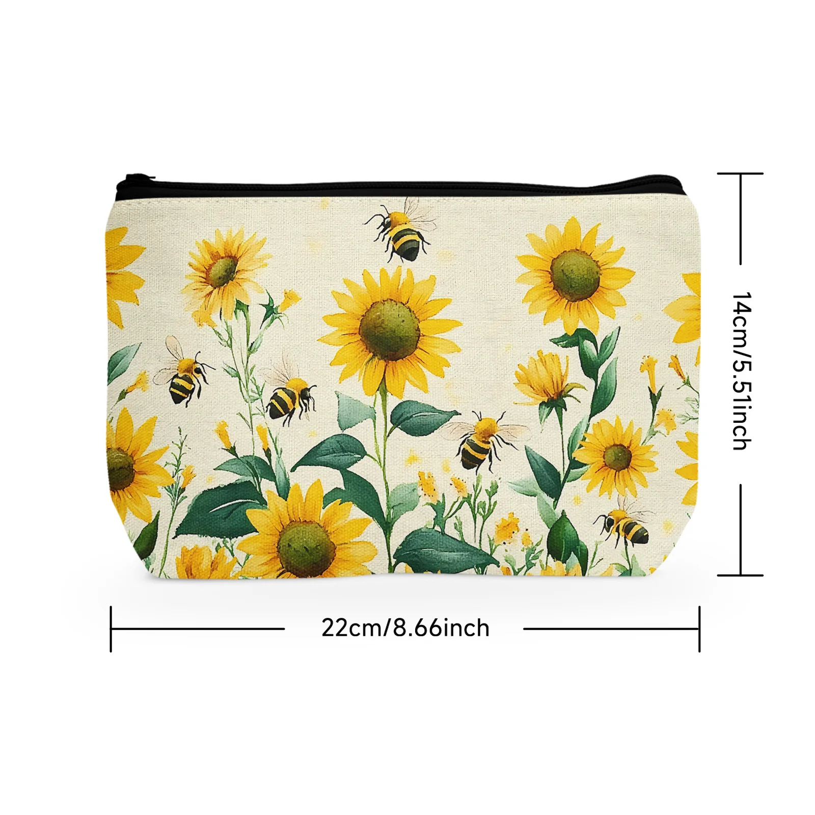 1Pc Summer Bee Yellow Flowers Daisy Cosmetic Bag With Zipper Portable Makeup Bag Best Gift For Women Gift For Flower Lovers