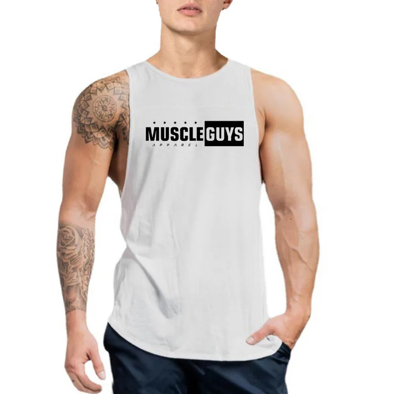 Summer Casual Fashion Breathable O-neck Printed Muscleguys Brand Gym Sports Bodybuilding Fitness Workout Men Cotton Vest