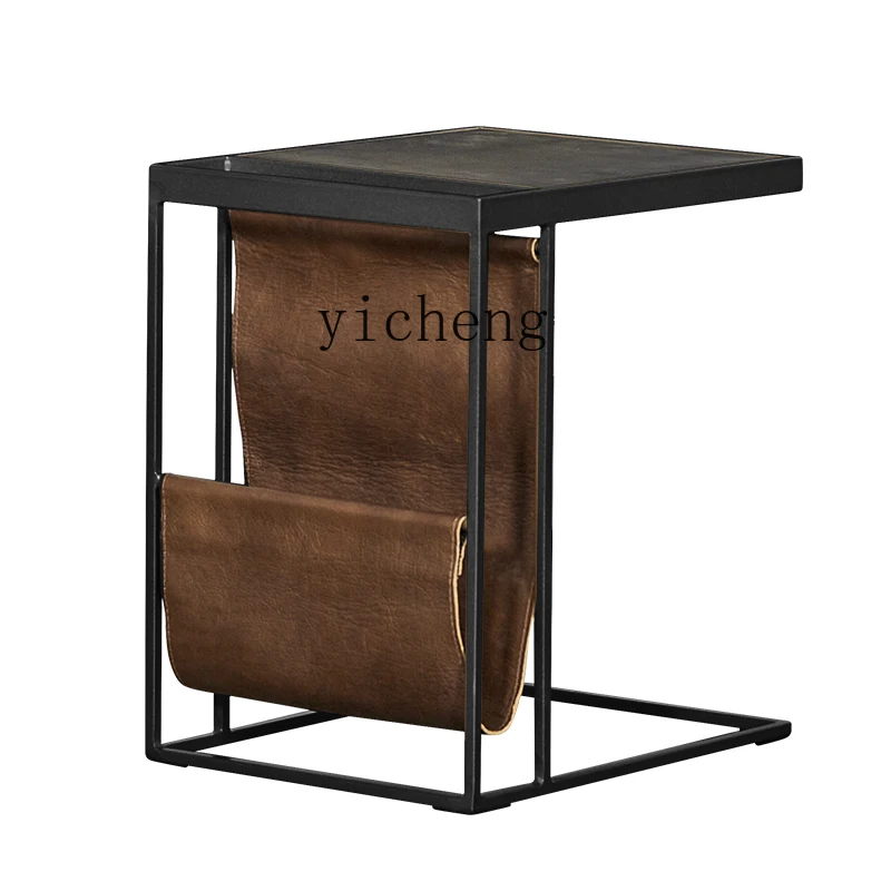 Tqh Leather Storage Sofa Side Table Small Apartment Home Designer Furniture Cowhide Small Table Tea Table