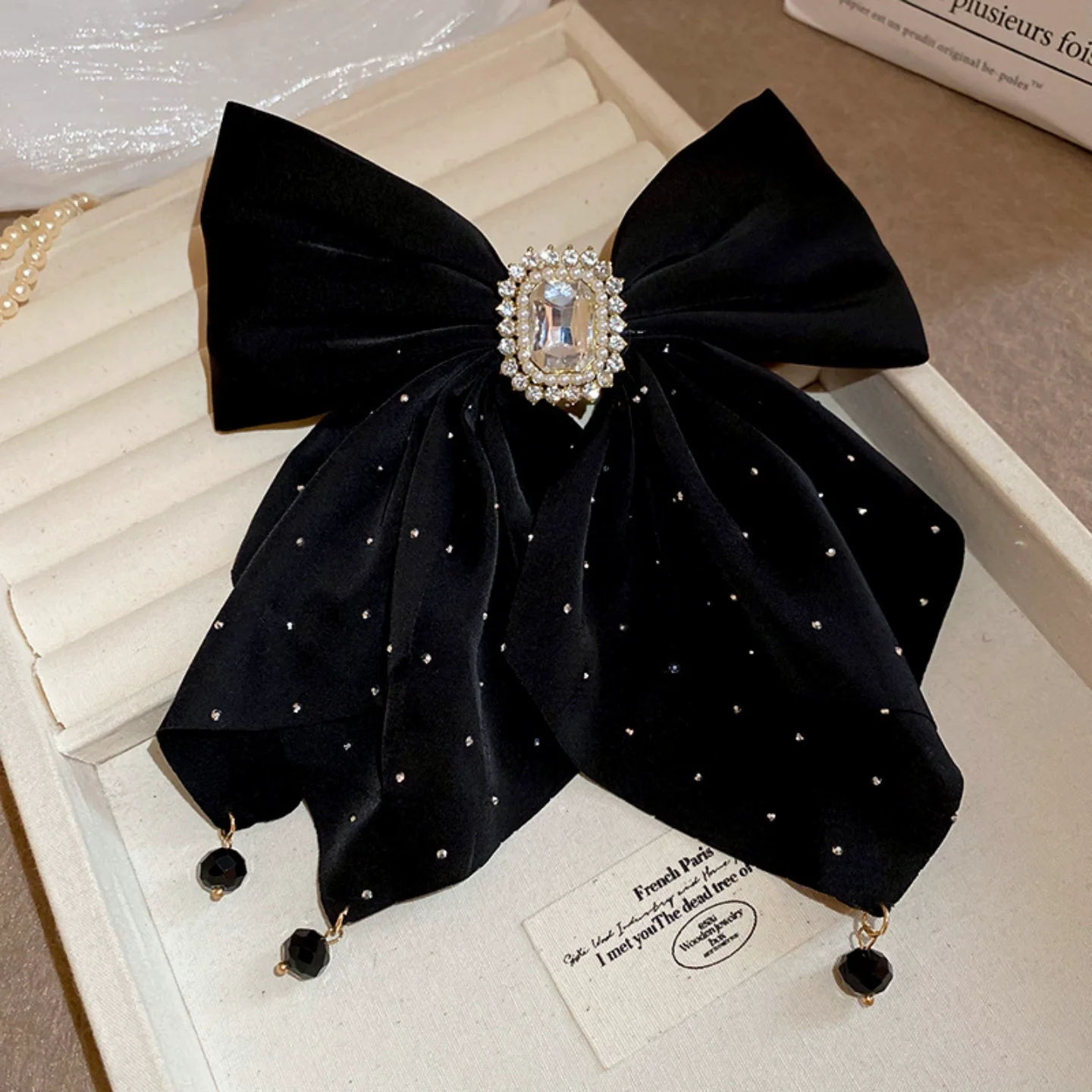 

Female Spring Autumn Big Black Bow Hair Clip with Crysta for Women Ladies Girls Barrettes Hairpins Hair Accessories New Headwear